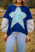 Multi Star Patchwork Sleeve Waffle Knit Top