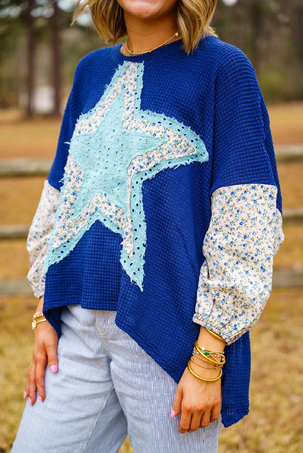 Multi Star Patchwork Sleeve Waffle Knit Top