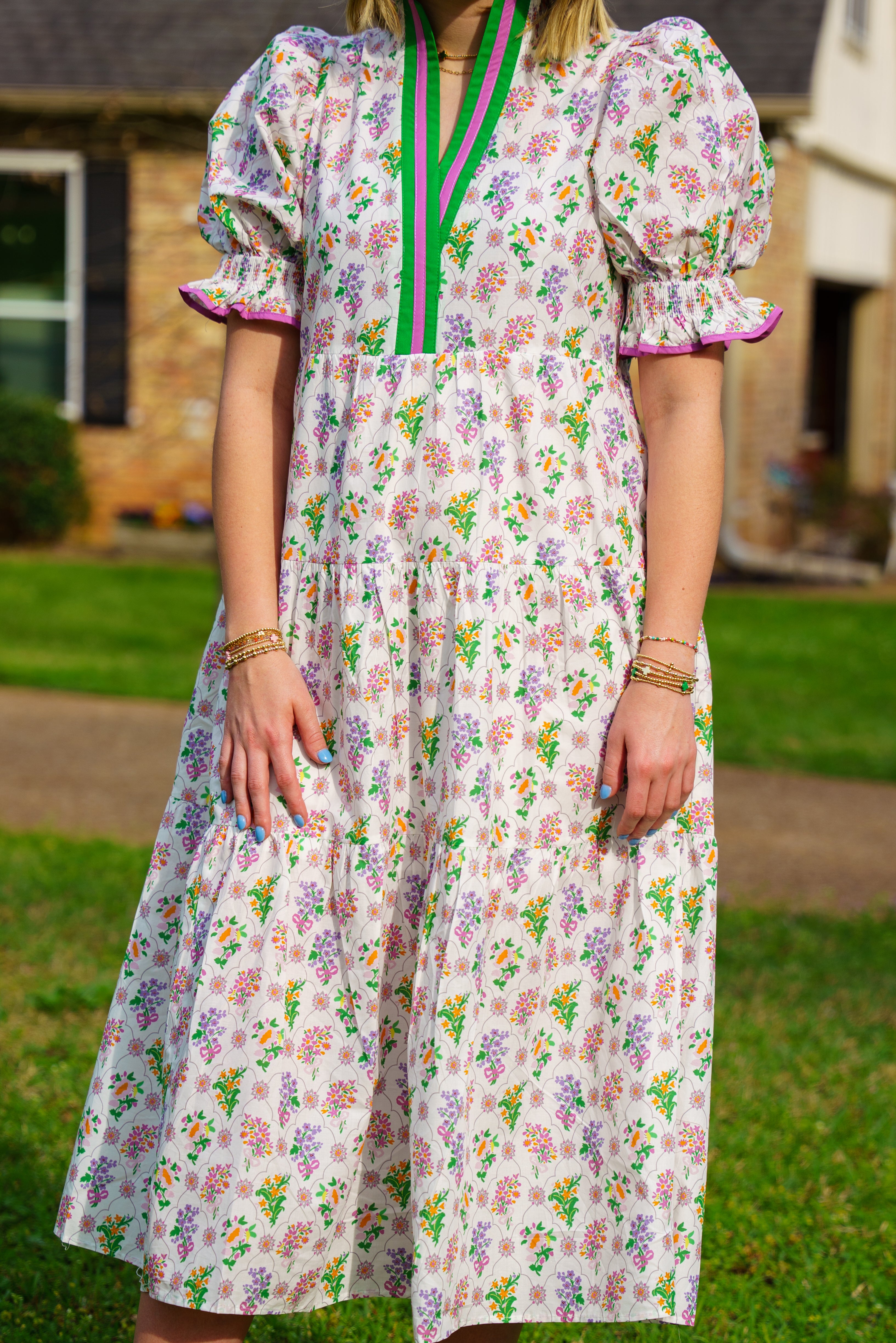 White Floral Puff Sleeve Dress