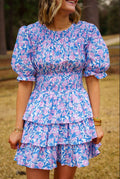 Smocked Neck and Waist Floral Tiered Dress