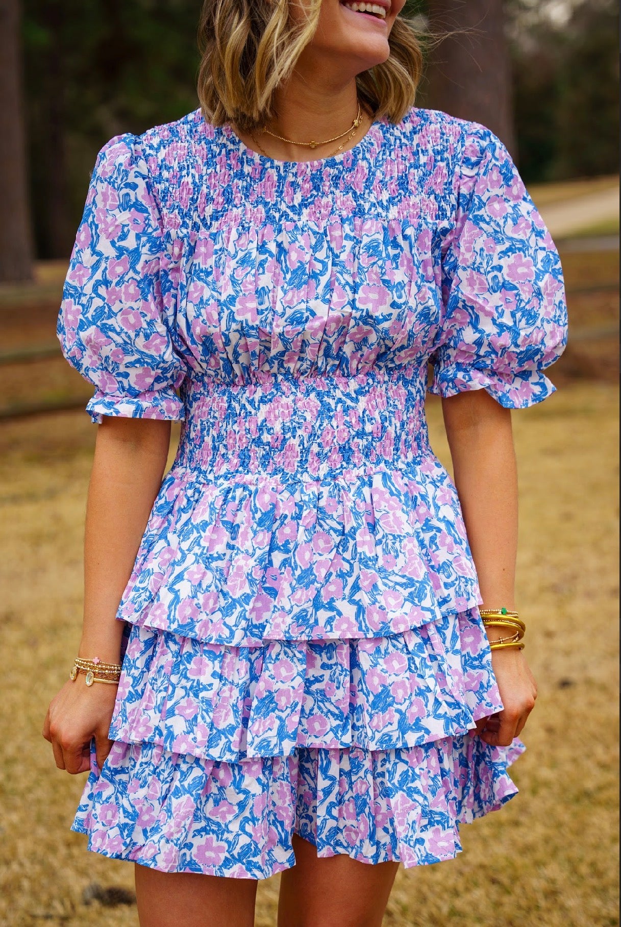 Smocked Neck and Waist Floral Tiered Dress